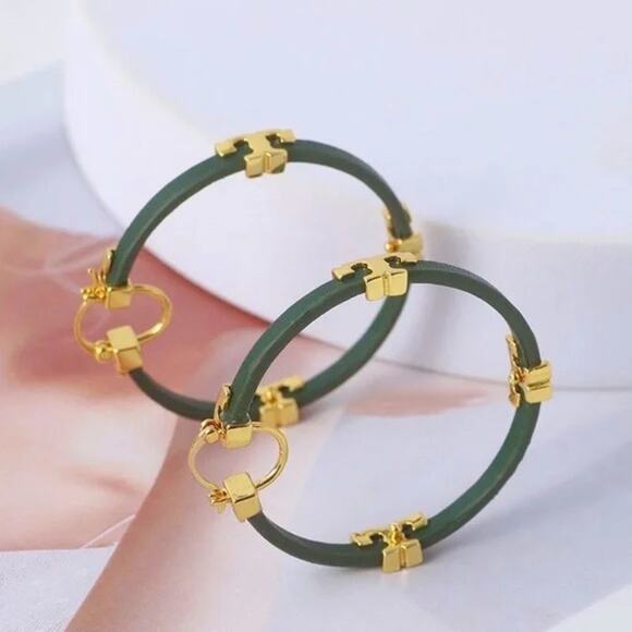 NWOT Tory Burch Gold,Green Leather Sheriff Hoops - Picture 2 of 4